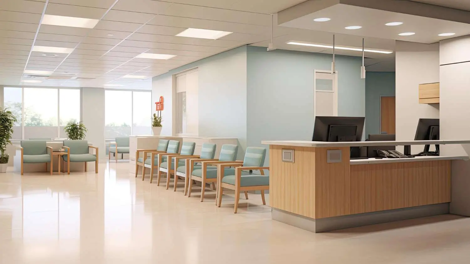 Ambiente de recepção e circulação em uma unidade de saúde